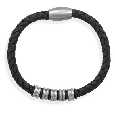 9" Black Leather Bracelet with Stainless Steel Beads