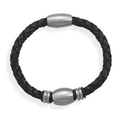 8" Black Leather Bracelet with 3 Stainless Steel Beads