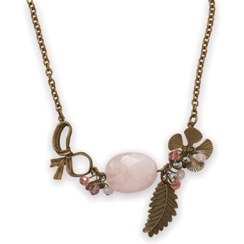 18" + 1.5" Ornate Antique Brass and Rose Quartz Necklace