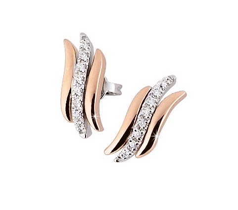Stylish Italian Stud Earrings 0.08 Ct Diamonds 18K White, Rose Gold