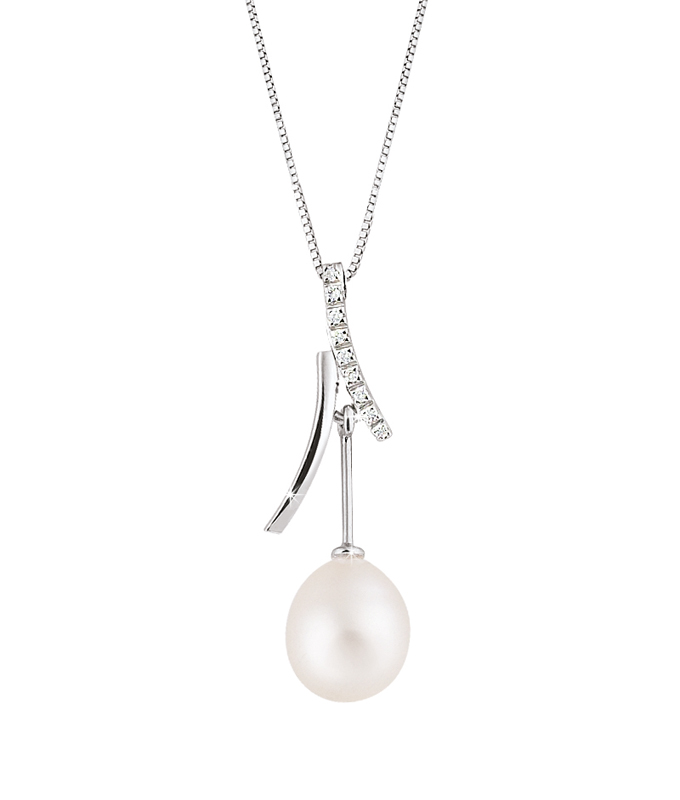 Italian Pearl Drop Necklace 0.05 Ct Diamonds 18K White Gold