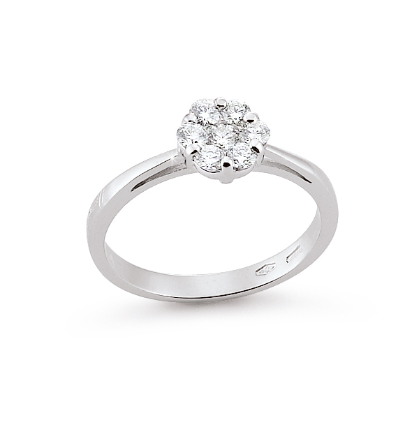 Halo Cluster Engagement Ring 0.49 Ct Diamonds 18K White Gold