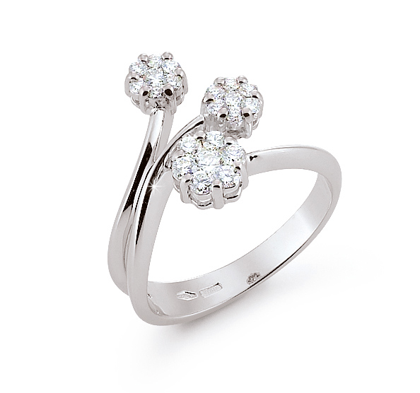 Exclusive Italian Tri Flower Ring 0.51 Ct Diamonds 18K White Gold