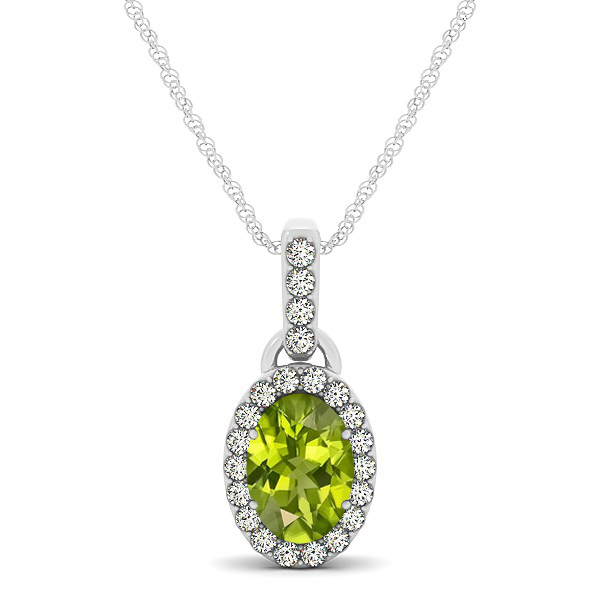 Lovely Halo Oval Peridot Necklace in Gold, Silver or Platinum