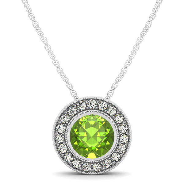 Classy Halo Necklace with Round Cut Peridot Pendant