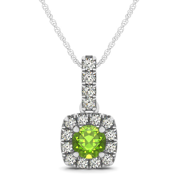 Peculiar Halo Side Stone Round Peridot Drop Necklace