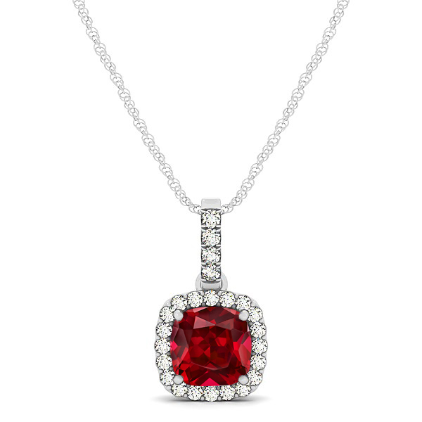Elegant Cushion Ruby Halo Pendant Necklace