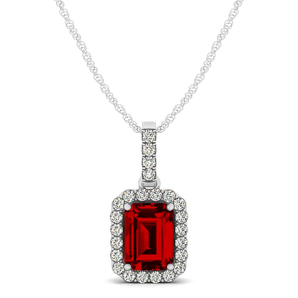Classic Emerald Cut Ruby Necklace with Halo Pendant