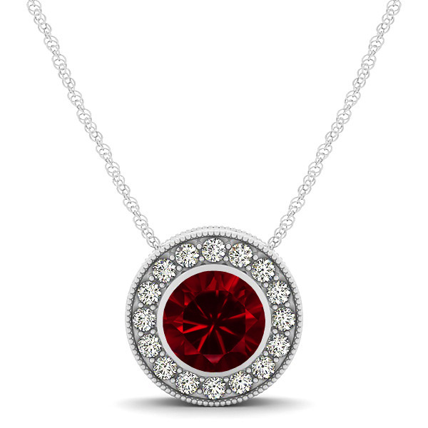 Halo Ruby Necklace with Round Pendant