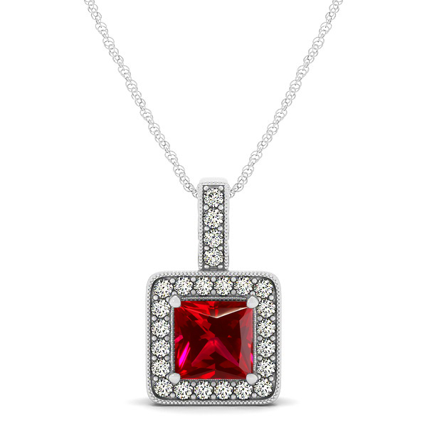 Square Ruby Halo Necklace in Gold or Sterling Silver