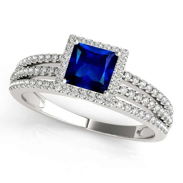 Triple Side Stone Square Halo Sapphire Engagement Ring