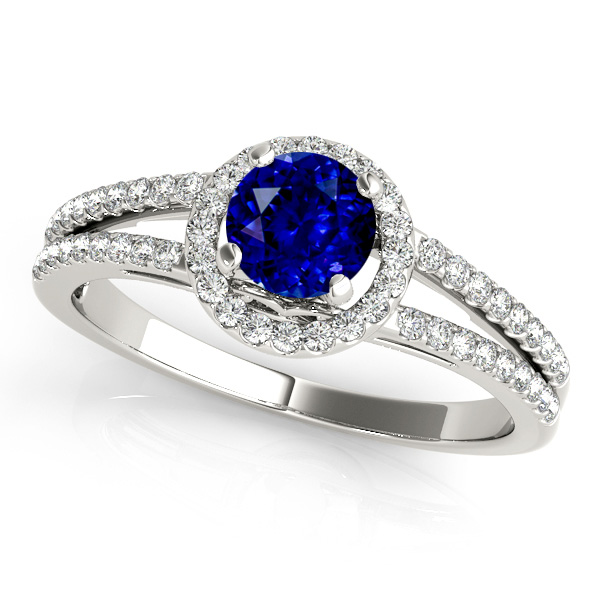 Split Shank Sapphire Engagement Ring with Round Halo