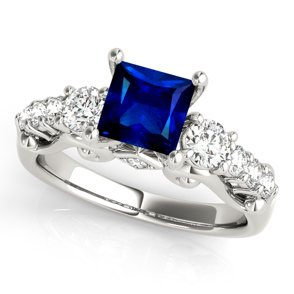 Princess Cut Three Stone Sapphire Engagement Ring White Gold