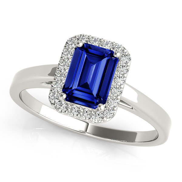 Emerald Cut Sapphire Halo Engagement Ring White Gold