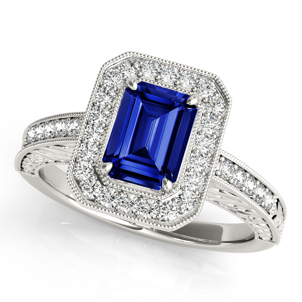 Luxury Emerald Cut Halo Sapphire Engagement Ring