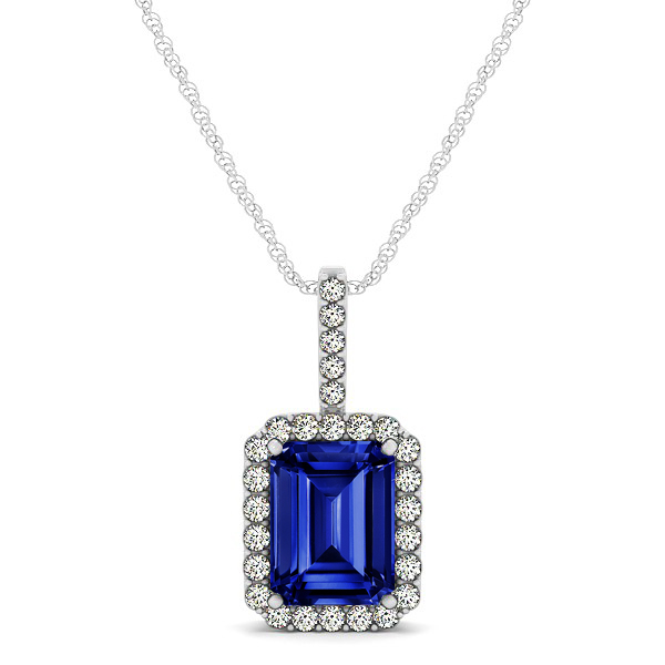 Halo Emerald Cut Sapphire Necklace Classic Design