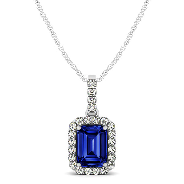 Classic Emerald Cut Sapphire Necklace with Halo Pendant