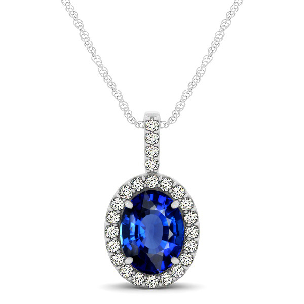 Classic Drop Halo Necklace with Oval AAA Sapphire Pendant