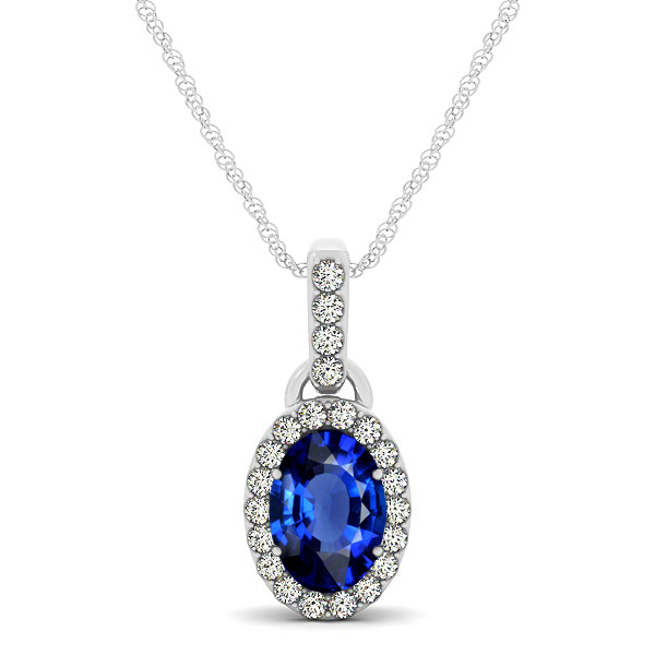 Lovely Halo Oval Sapphire Necklace in Gold, Silver or Platinum
