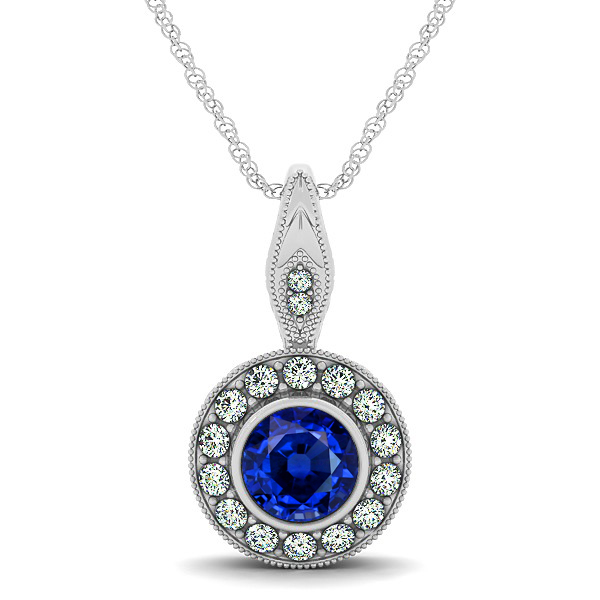 Vintage Sapphire Necklace with Round Halo Circle Pendant