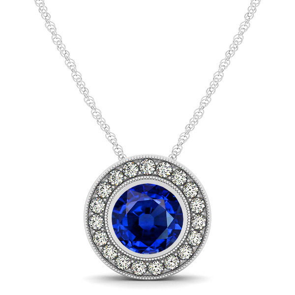 Classy Halo Necklace with Round Cut Sapphire Pendant