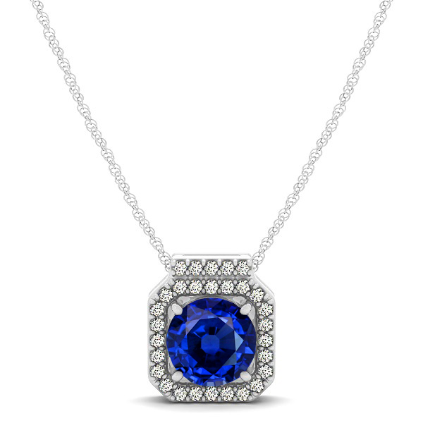 Square Halo Necklace with Round Cut Sapphire Pendant