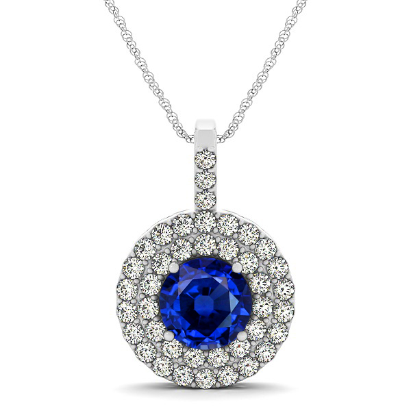 Designer Circle Double Halo Sapphire Necklace