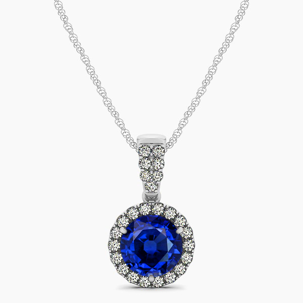 Gorgeous Drop Halo Necklace Round Cut Sapphire VS1