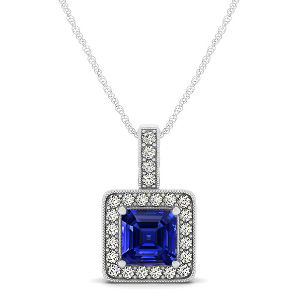 Square Sapphire Halo Necklace in Gold or Sterling Silver
