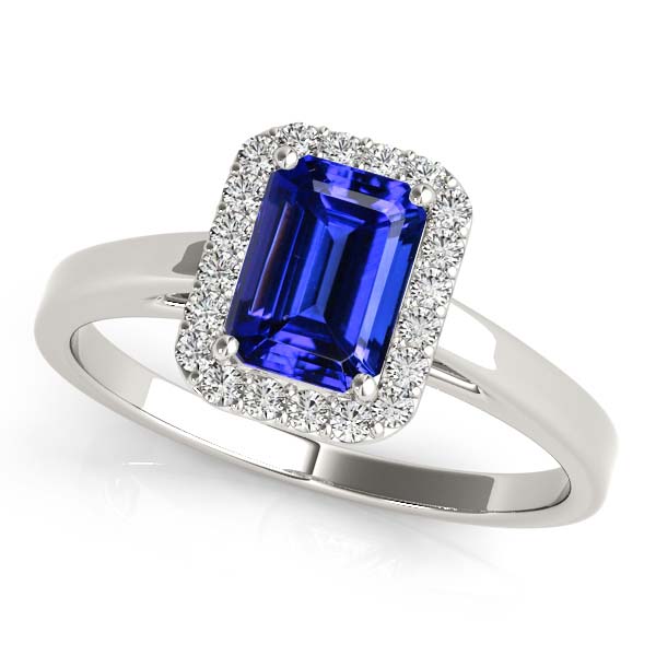 Emerald Cut Tanzanite Halo Engagement Ring White Gold