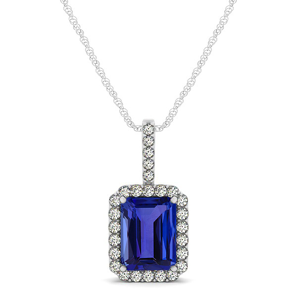 Halo Emerald Cut Tanzanite Necklace Classic Design