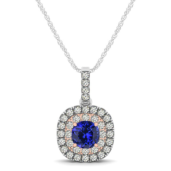 Cushion Shaped Halo Necklace with Round Tanzanite Pendant
