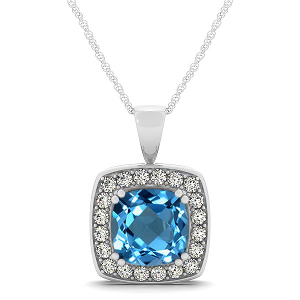 Attractive Swiss Blue Cushion Topaz Halo Necklace