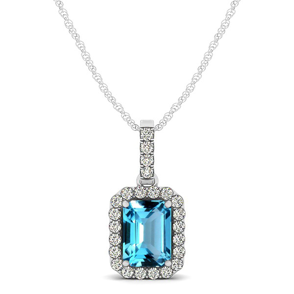 Classic Emerald Cut Topaz Necklace with Halo Pendant