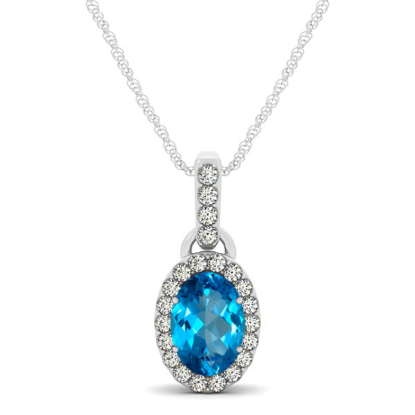 Lovely Halo Oval Topaz Necklace in Gold, Silver or Platinum