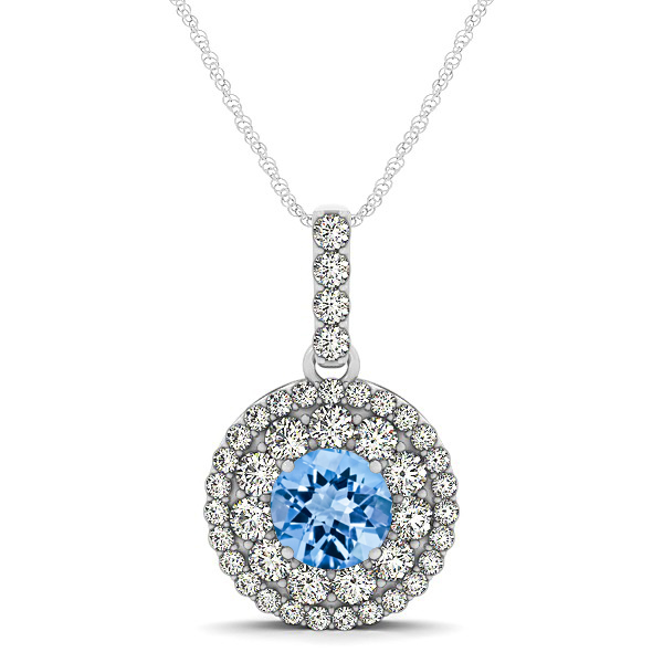 Round Topaz Necklace with Twin Halo Pendant