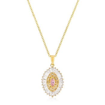 Classic Goldtone Pink and Clear CZ Oval Halo Pendant 2.41 CT