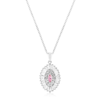 Classic Silvertone Pink and Clear CZ Oval Halo Pendant 2.41 CT