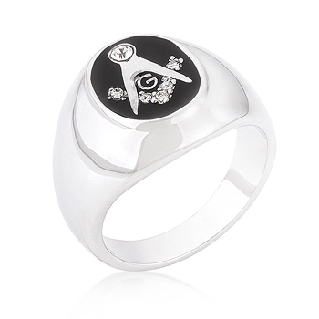 Mens Silvertone Onyx Cubic Zirconia Masonic Ring .13 CT