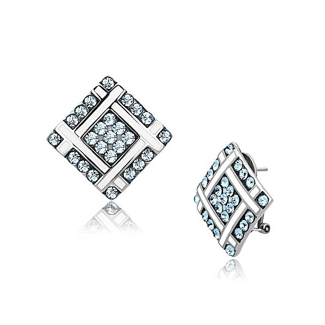 Silver Tone Fashion Earrings Aqua Crystal