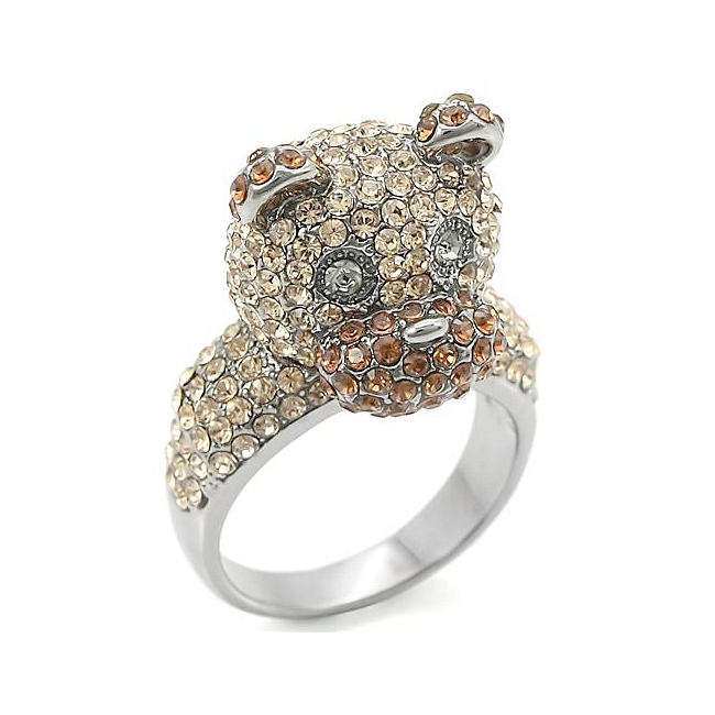Ruthenium Bear Animal Fashion Ring Multi Color Crystal