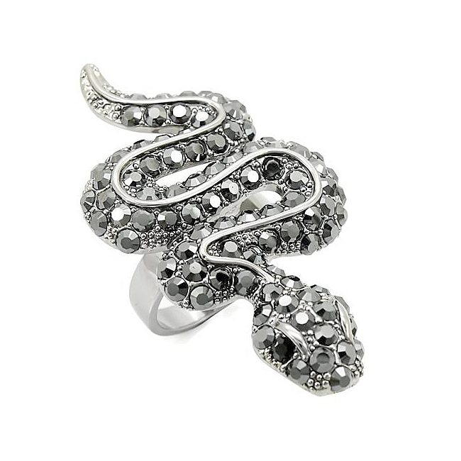 Ruthenium Snake Animal Fashion Ring Black Crystal