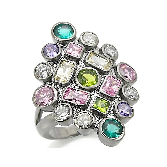 Ruthenium Flower Fashion Ring Multi Color Cubic Zirconia