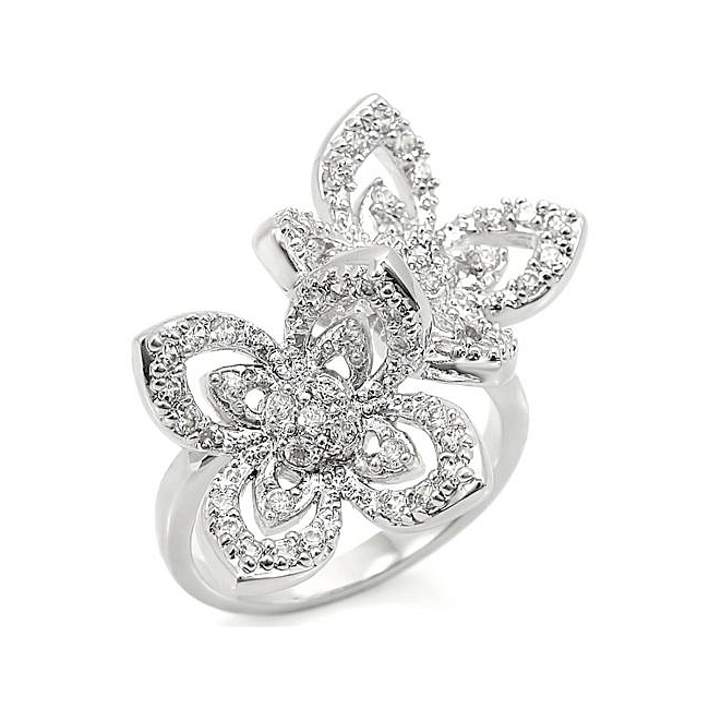 Silver Tone Flower Fashion Ring Clear CZ