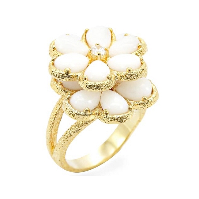 14K Yellow Gold Plated Flower Fashion Ring White Synthetic Stones
