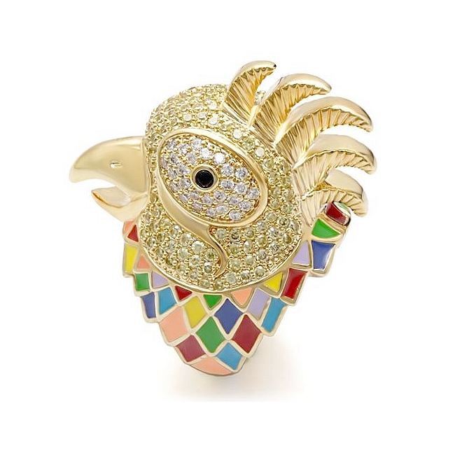 14K Yellow Gold Plated Carnival Parrot Animal Fashion Ring Multi Color CZ