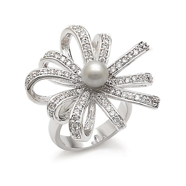 Silver Tone Flower Fashion Ring Gray Synthetic Pearl