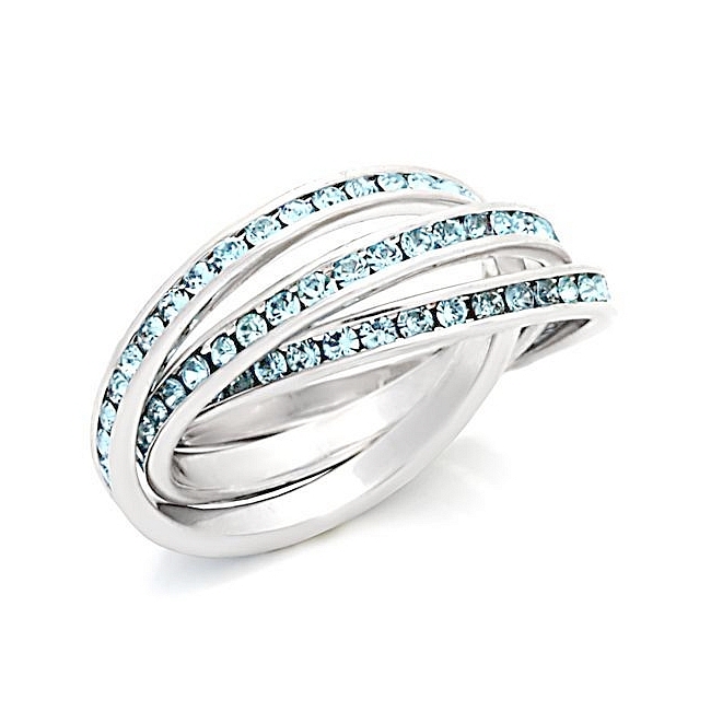 Sterling Silver .925 Three-Band Wedding Ring Aqua Crystal