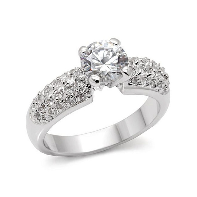 Silver Tone Pave Engagement Ring Clear Cubic Zirconia