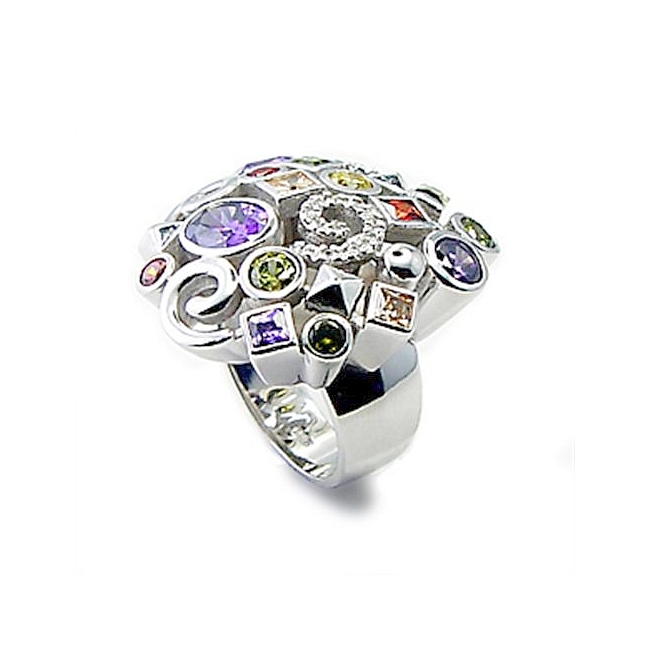 Silver Tone Fashion Ring Multi Color CZ